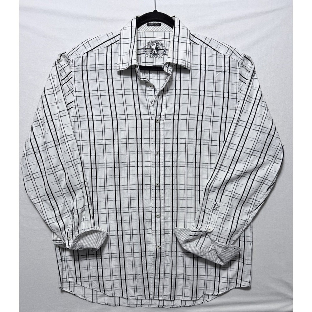 Mens XL Bugatchi Uomo Shirt 100% Cotton White Black‎ Grid Plaid Classic Fit L/S